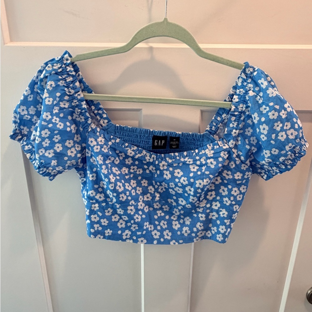 GAP Medium Floral Crop Top Puff Sleeve Blue Cottagecore Blouse